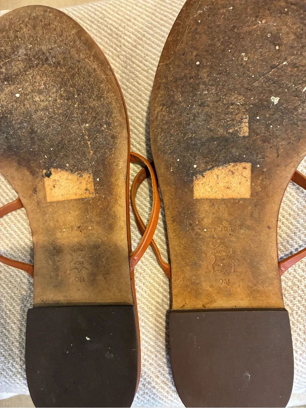 Tory Burch Cognac Leather Logo Thong Sandals
